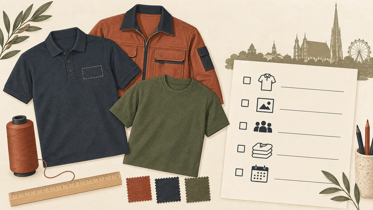Illustration: Polo, Arbeitsjacke und T-Shirt neben einer Checkliste für die Projektplanung.