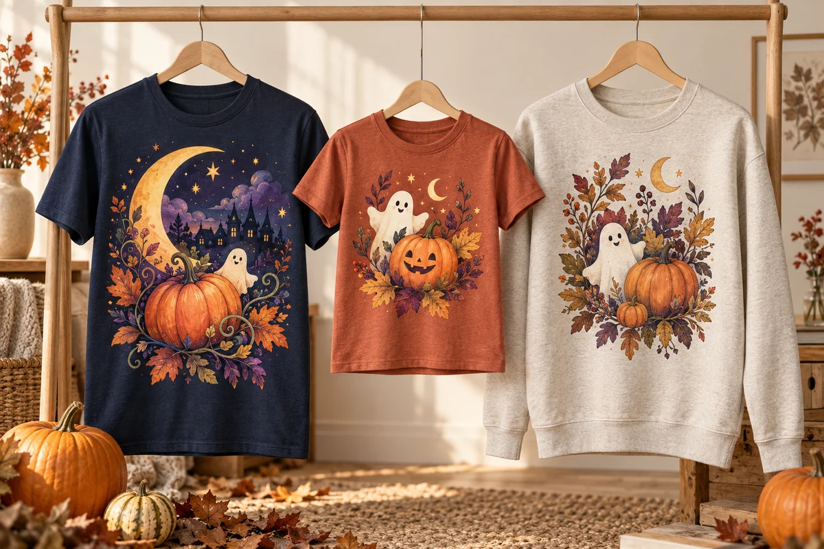 KI-Gestaltungsbeispiel: marineblaues Erwachsenen-Shirt, rostfarbenes Kinder-Shirt und helles Sweatshirt mit unterschiedlichen Kürbis-, Geister- und Herbstlaubmotiven.