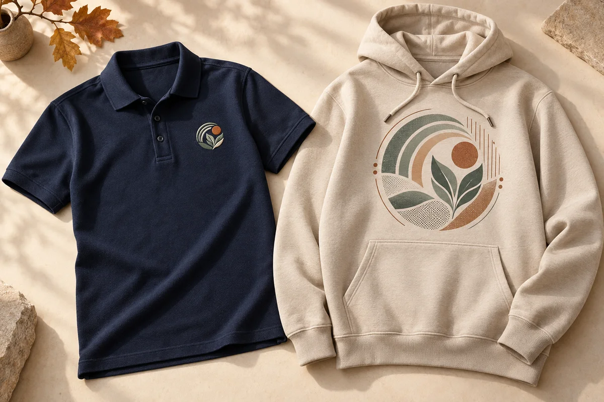 KI-Gestaltungsbeispiel: dunkelblaues Polo mit kleinem gesticktem Blatt-Sonnen-Emblem und beigefarbener Hoodie mit großem, mehrfarbigem Druckmotiv.