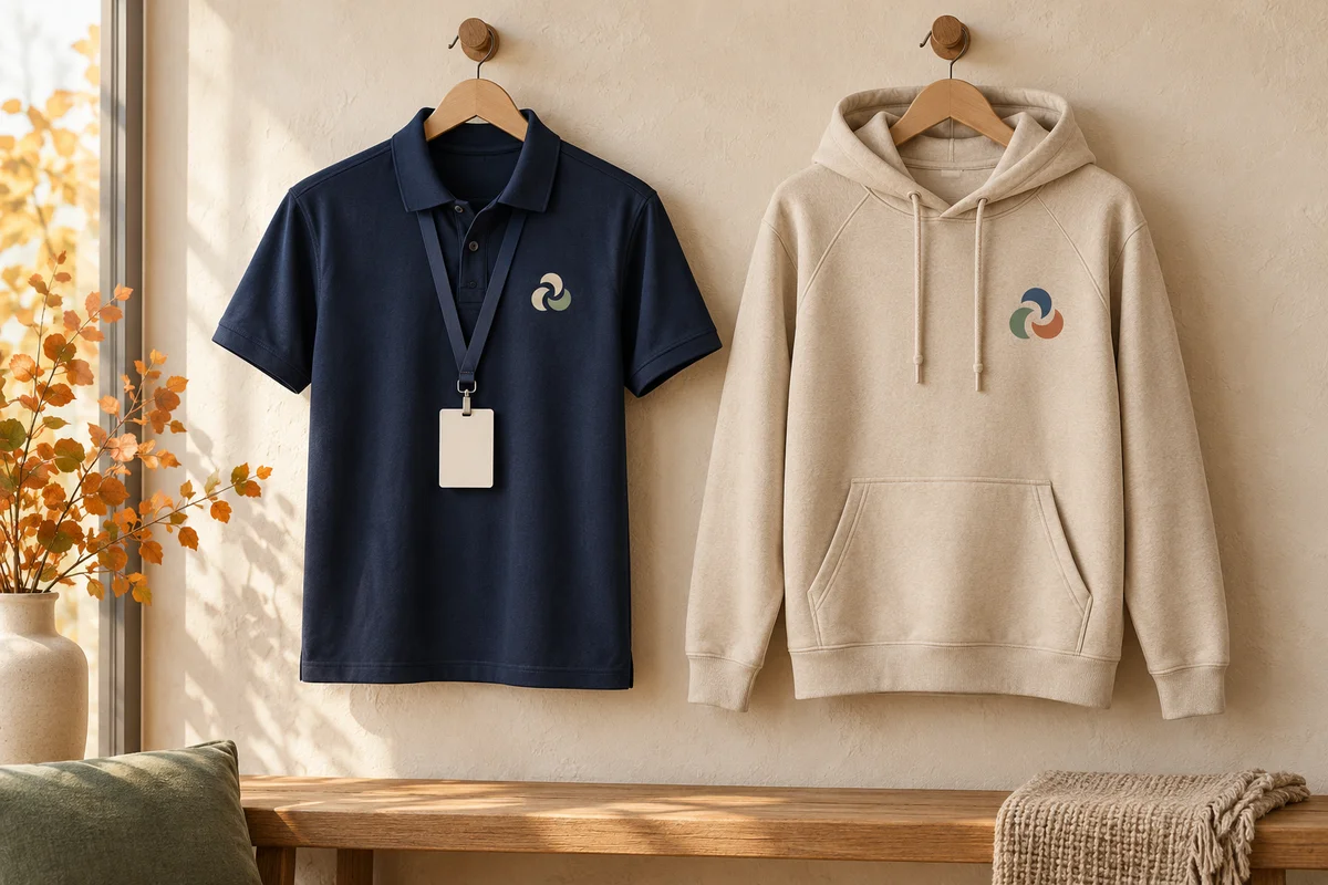 KI-Gestaltungsbeispiel: Navy-Polo mit freiem Brustemblem neben einem sandfarbenen Hoodie; ein mittig hängender Ausweis verdeckt das Polo-Motiv nicht.