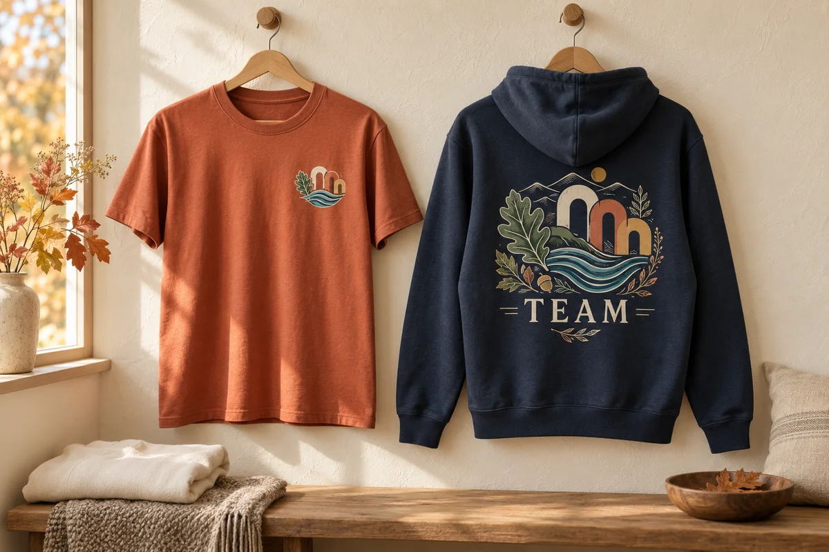 KI-Gestaltungsbeispiel: Terracotta-Shirt mit kleinem Vereinsmotiv und Navy-Hoodie mit verwandtem Rückenmotiv und TEAM-Schriftzug.