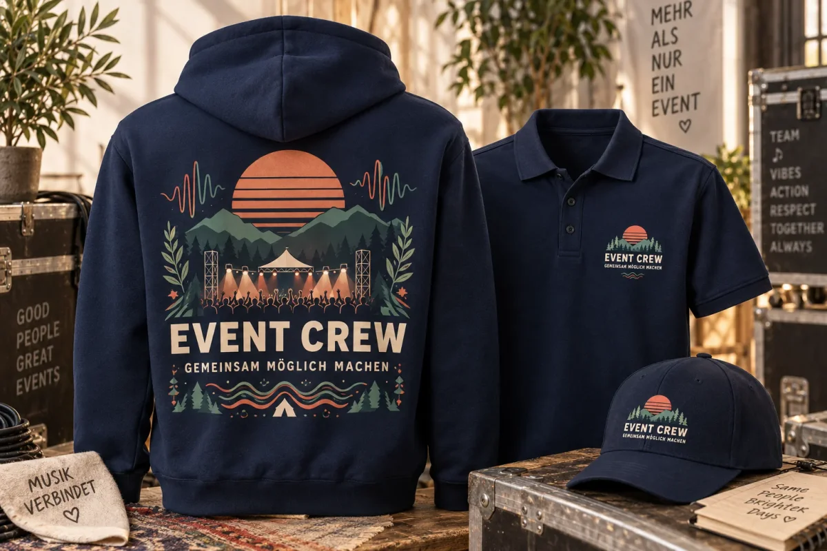KI-Gestaltungsbeispiel: aufeinander abgestimmte Event-Crew-Motive auf Hoodie, Polo und Cap