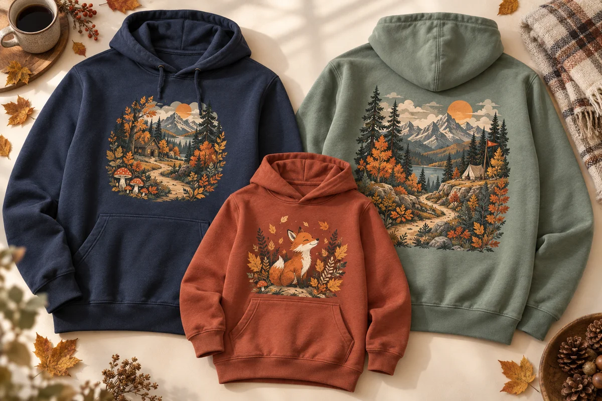 KI-Gestaltungsbeispiel: drei Hoodies in Marineblau, Salbeigrün und Rostrot mit zusammenpassenden Wald-, Berg- und Fuchsmotiven für eine Familie.