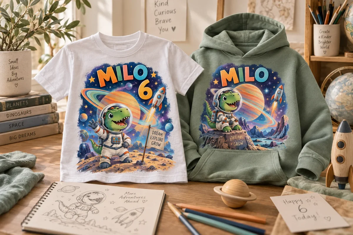 KI-Gestaltungsbeispiel: detailreiches Dino-Geburtstagsmotiv auf Kindershirt und Hoodie